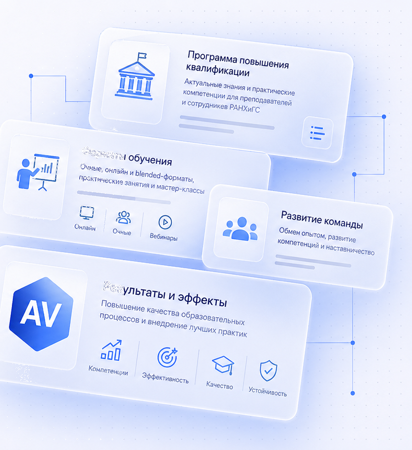 Иллюстрация первого экрана страницы «Повышение квалификации преподавателей и сотрудников РАНХиГС»